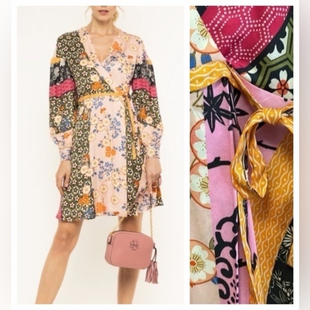 Pinko Colorful Patchwork Draghetta Long Sleeve V-neck Faux Wrap Dress 8